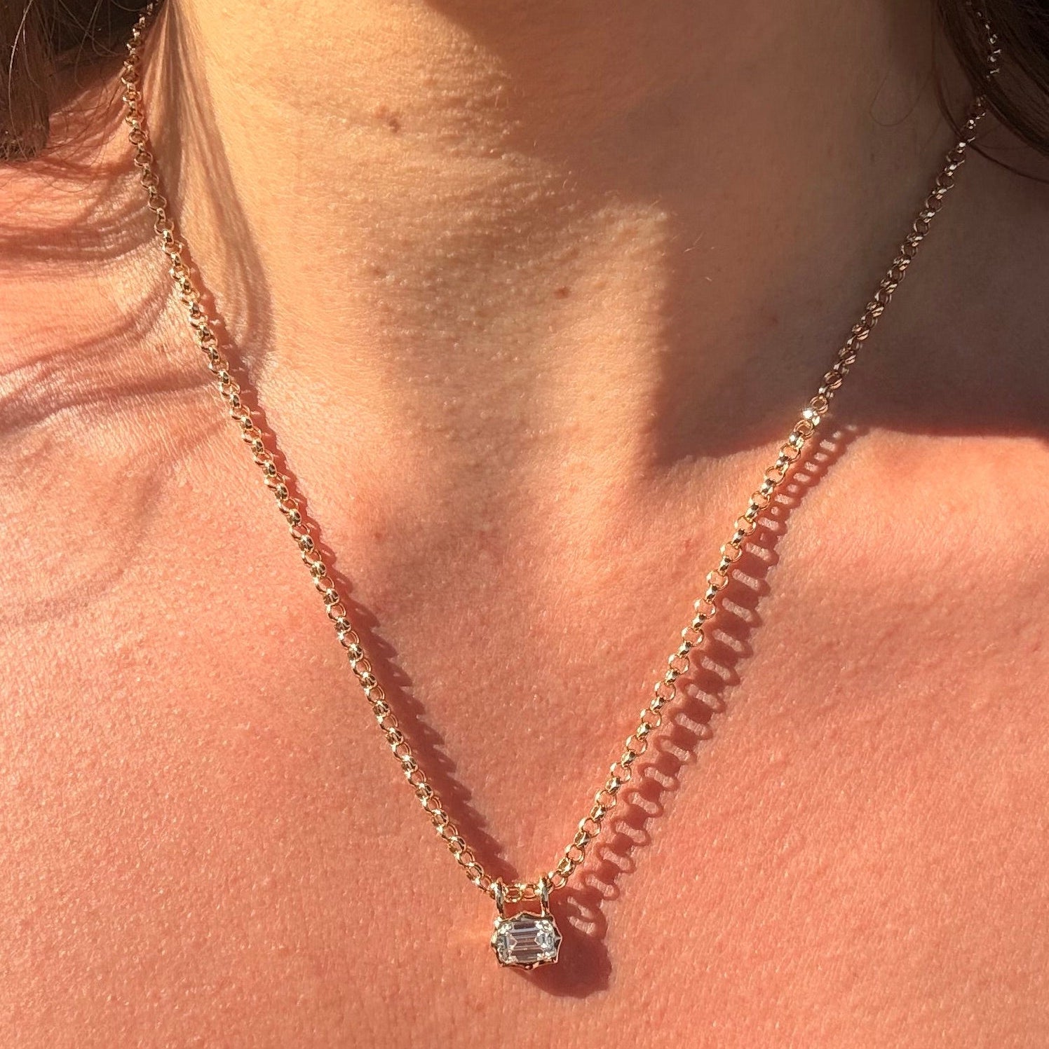 9 karat yellow gold belcher chain worn with lab diamond pendant