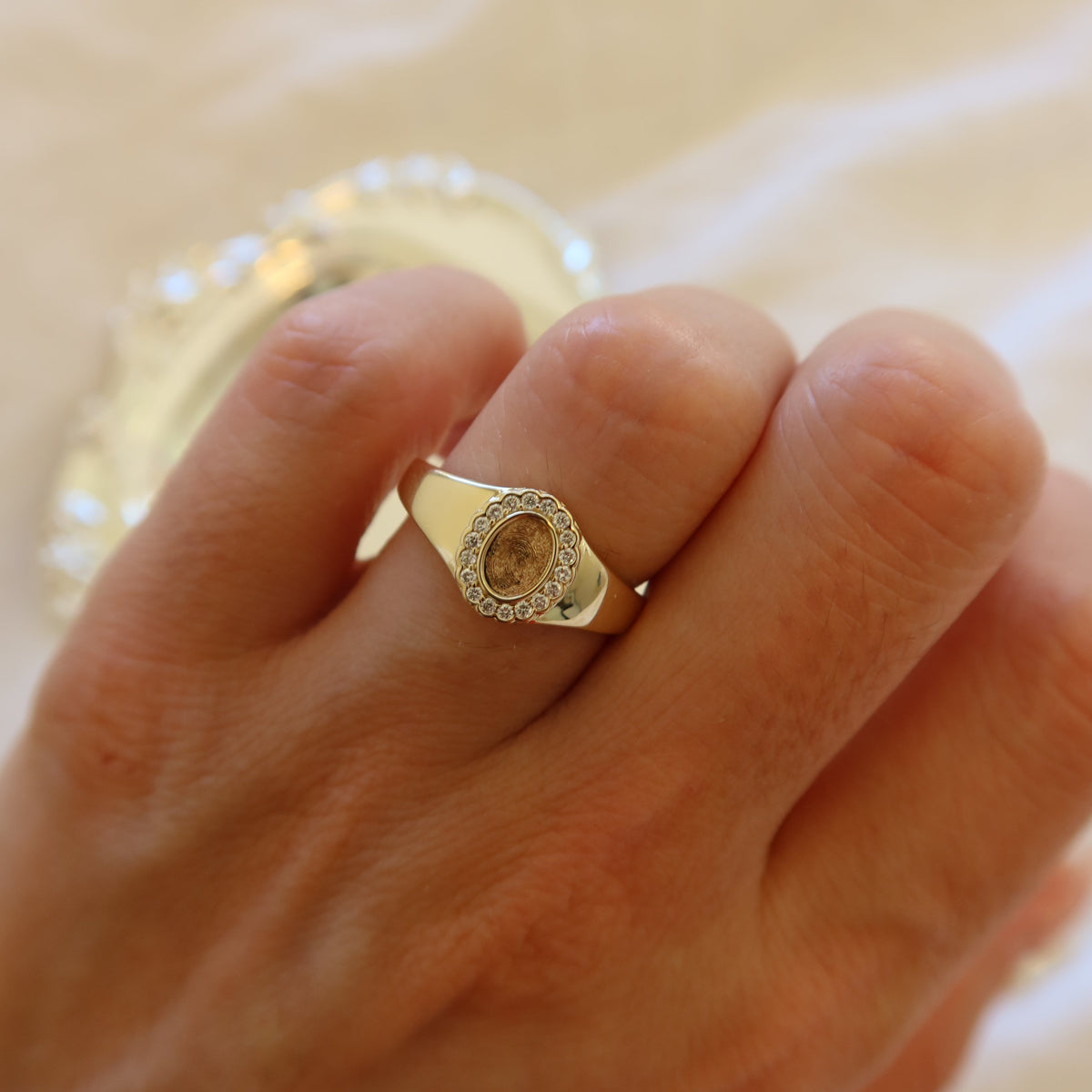 fingerprint memorial ring in 10 karat yellow gold with lab diamonds